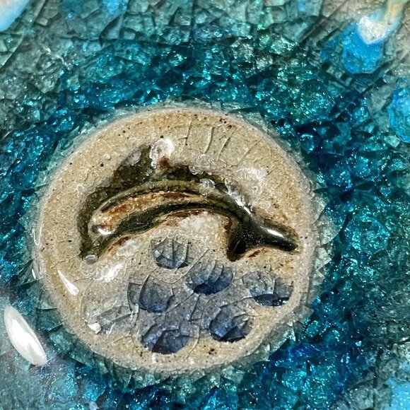 NWT Down to Earth Pottery Leaping Dolphin Icon Dish Recycled Blue Glass USA 4.5" - Picture 6 of 6